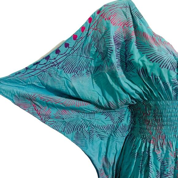 Colorful Smocked Maxi Dress Blue Purple Pink Palm Tropical Womens One Size - Picture 2 of 5